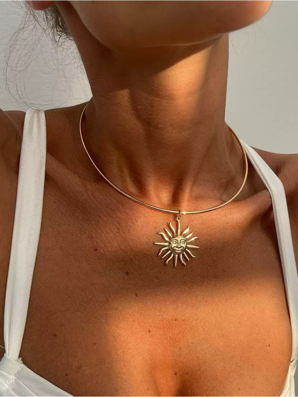 Anthropologie Gold Sun Face Pendant Choker Necklace